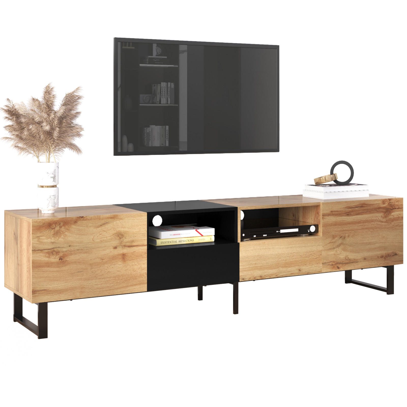 TV Lowboard Massivholz, 2 Türen, 2 Schubladen, Schwarz Holz - Schwarz, Holz (190/48/38cm)