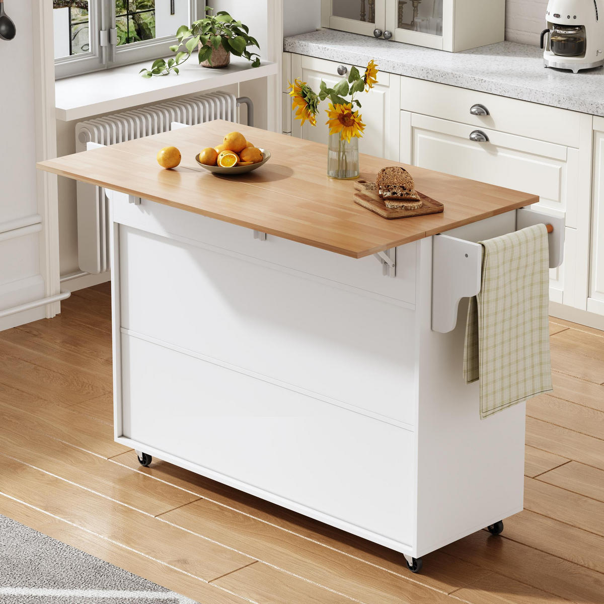 KÜCHENINSEL in Weiß Servierwagen mit klappbarer Arbeitsplatte und Schubladen für Küche und Wohnzimmer, B145/T45/H94.5 cm - Weiß, Holzwerkstoff (145/94.5/70cm) - STILVORA