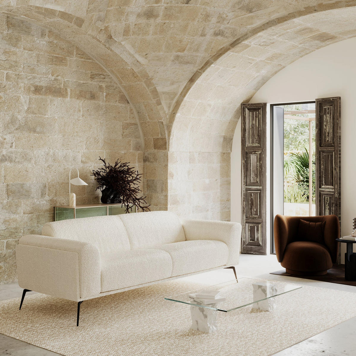 SOFA 3-SITZER Bouclé-Stoff Creme 220cm - Creme, Textil (220/74/90cm) - Sia Home