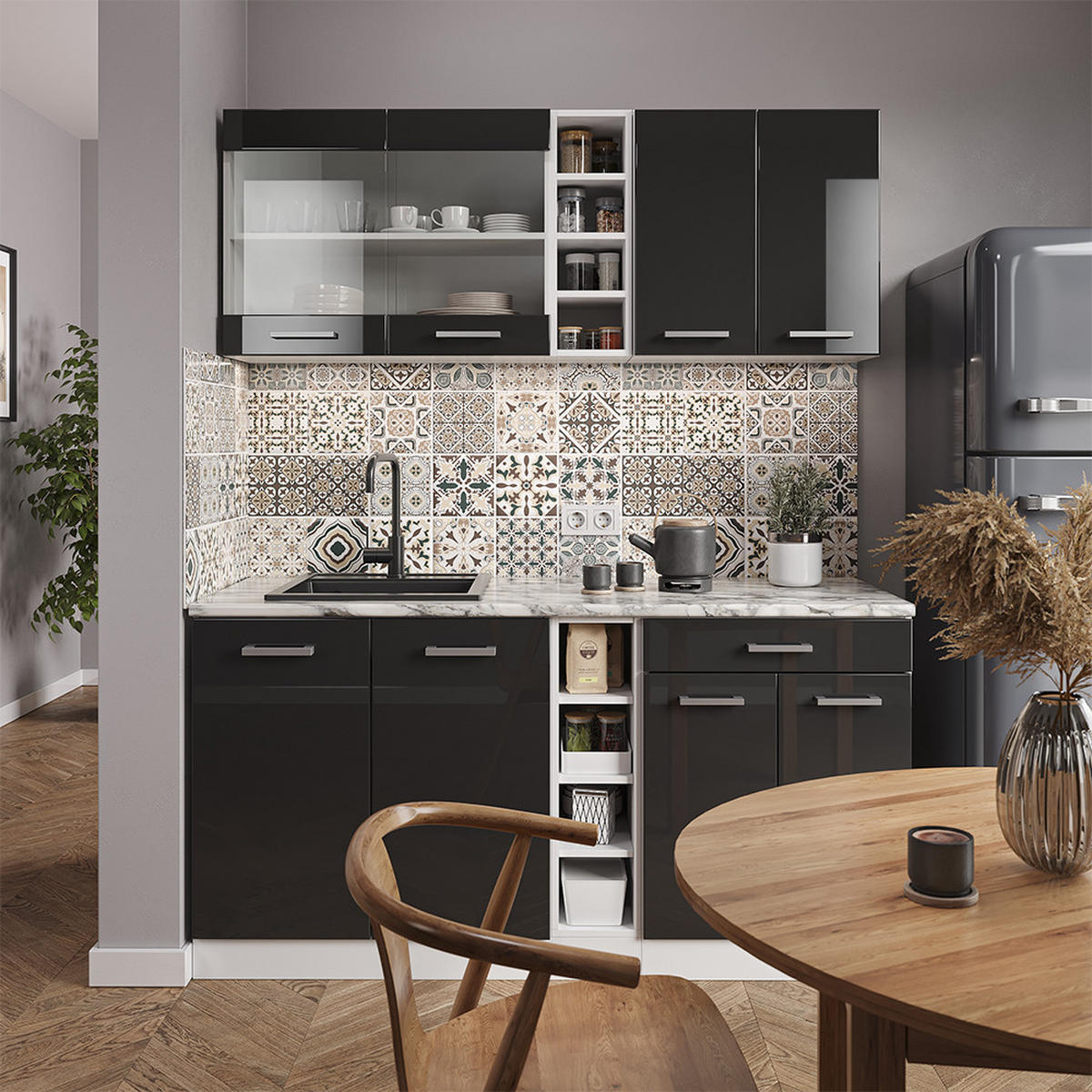 SINGLEKÜCHE R-Line Anthrazit Hochglanz/Weiß 160 cm, AP Anthrazit - Anthrazit/Weiß, Holzwerkstoff (160/81.6/60cm) - Vicco