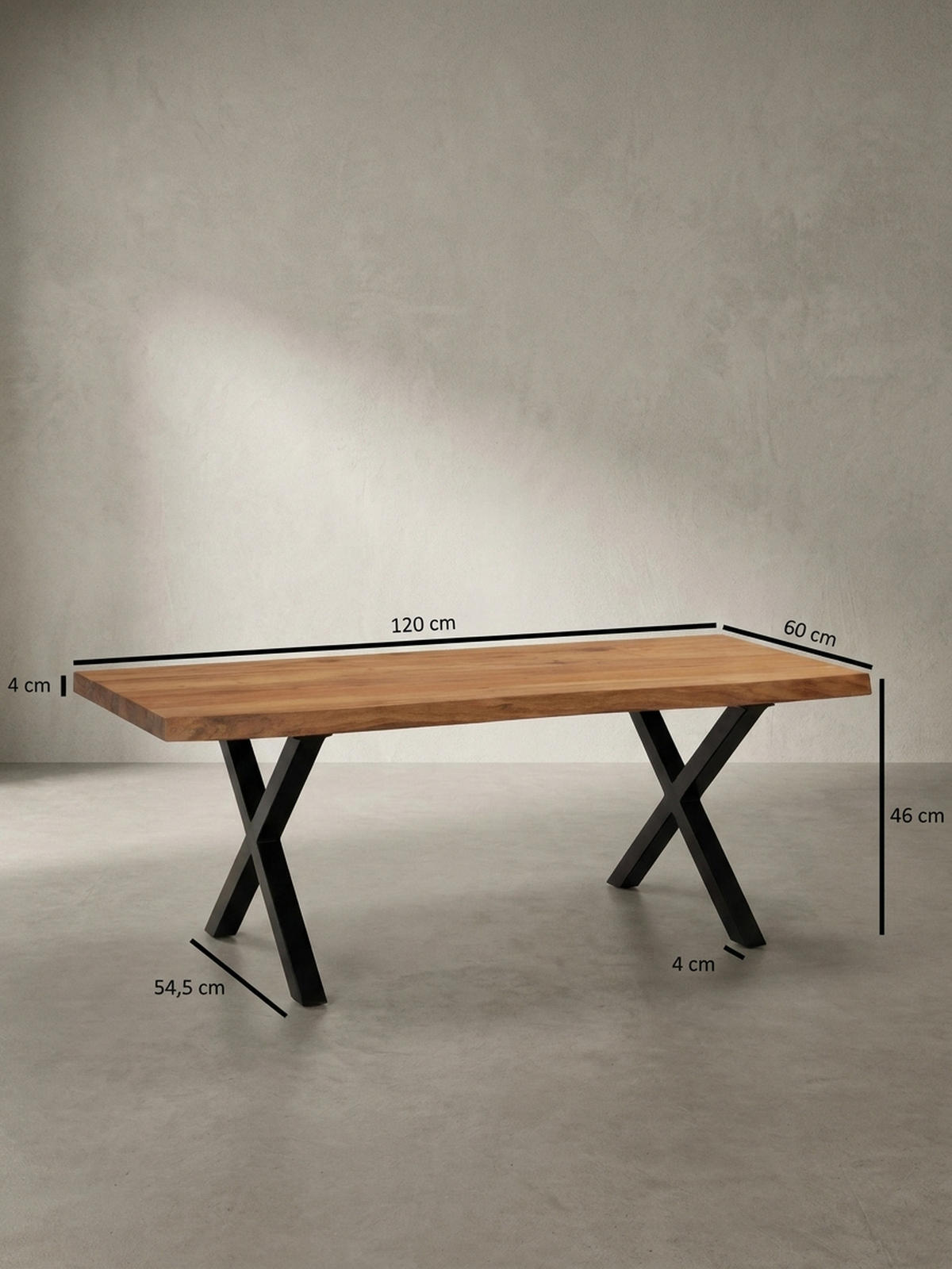 COUCHTISCH Braun Massivholz Akazie Baumkante 120x60x46cm, Metallbeine X-Form - Schwarz/Akaziefarben, Holz/Metall (60/120/46cm) - KADIMA DESIGN