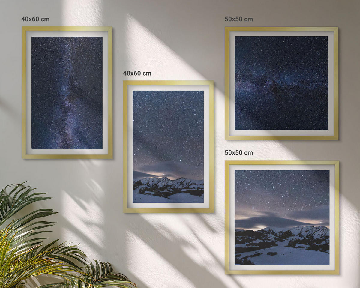 BILDER SET 4er Set - 50x50 cm & 40x60 cm Goldrahmen - Nachthimmel, Berge, Sterne - Goldfarben, Kunststoff (50/50cm) - TULUP