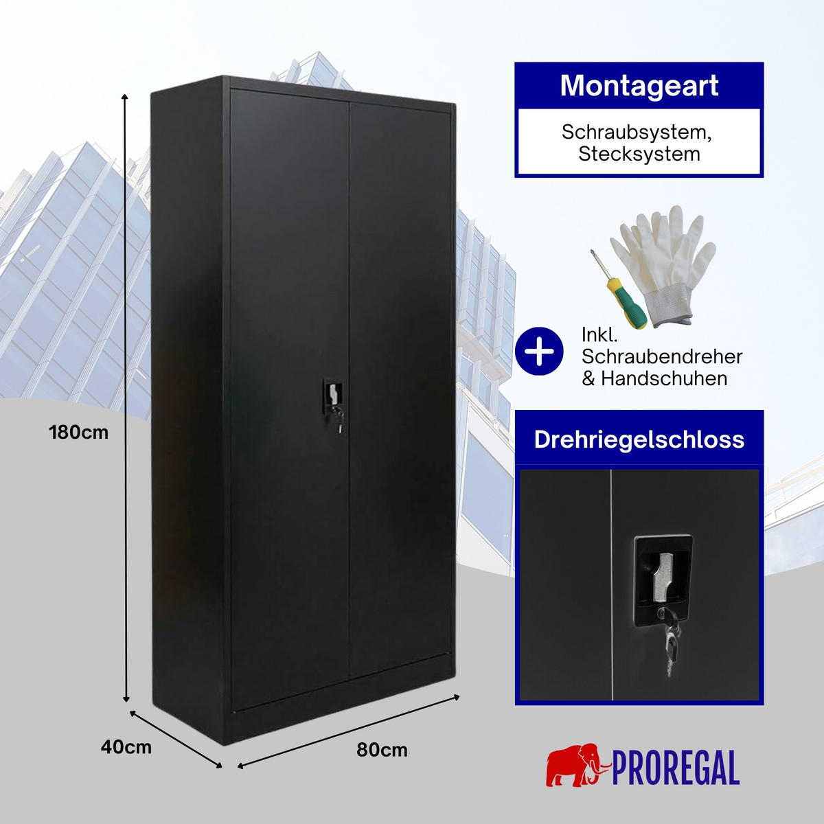 FLÜGELTÜRENSCHRANK Elephant 180x80x40cm 4 Ebenen Schwarz - Schwarz, Metall (80/180/40cm) - PROREGAL