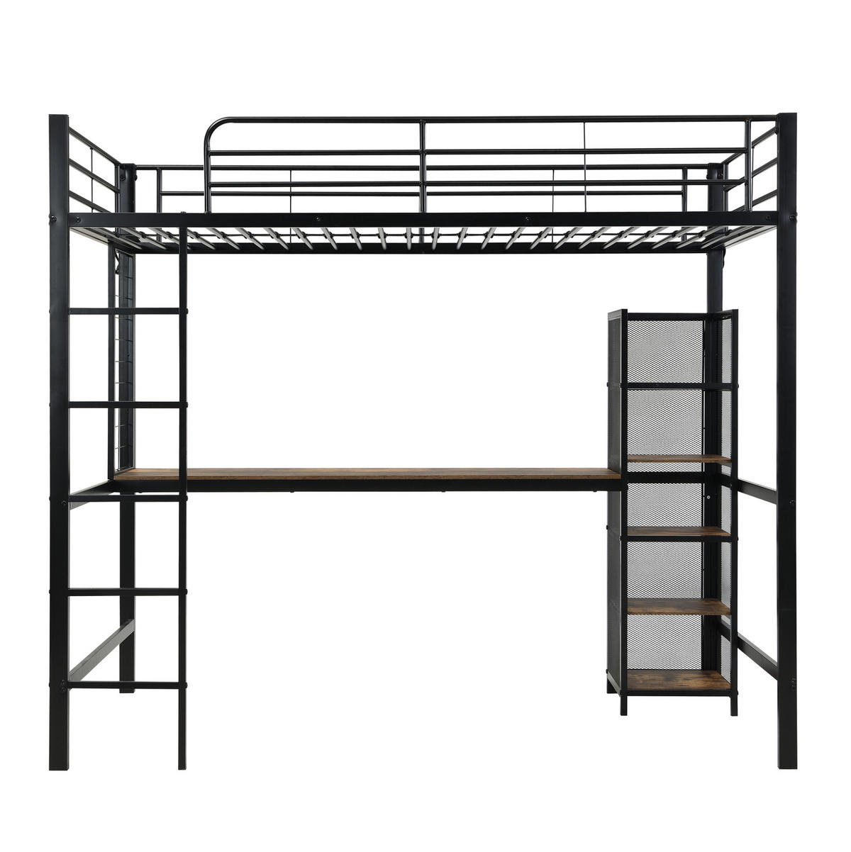 HOCHBETT 90/200 cm in Schwarz/dunkler Holzfarbe mit Tisch und Regalfächern, ohne Matratze - Schwarz, Metall (90/200cm) - MIVRAY