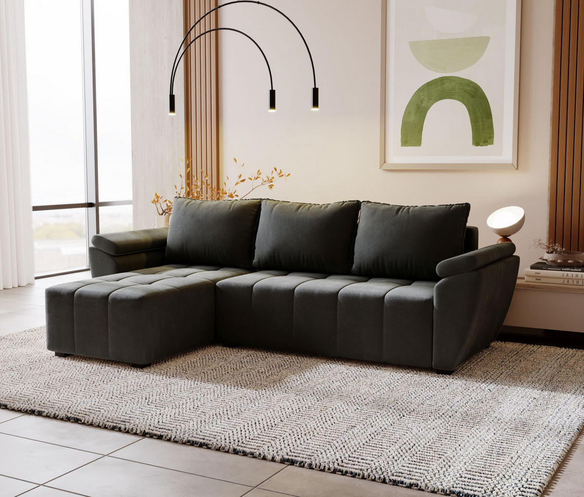 ECKSOFA ZEUS L Monolith 92 Links mit Schlaffunktion - Dunkelgrau, Textil (251/140cm) - Bedante