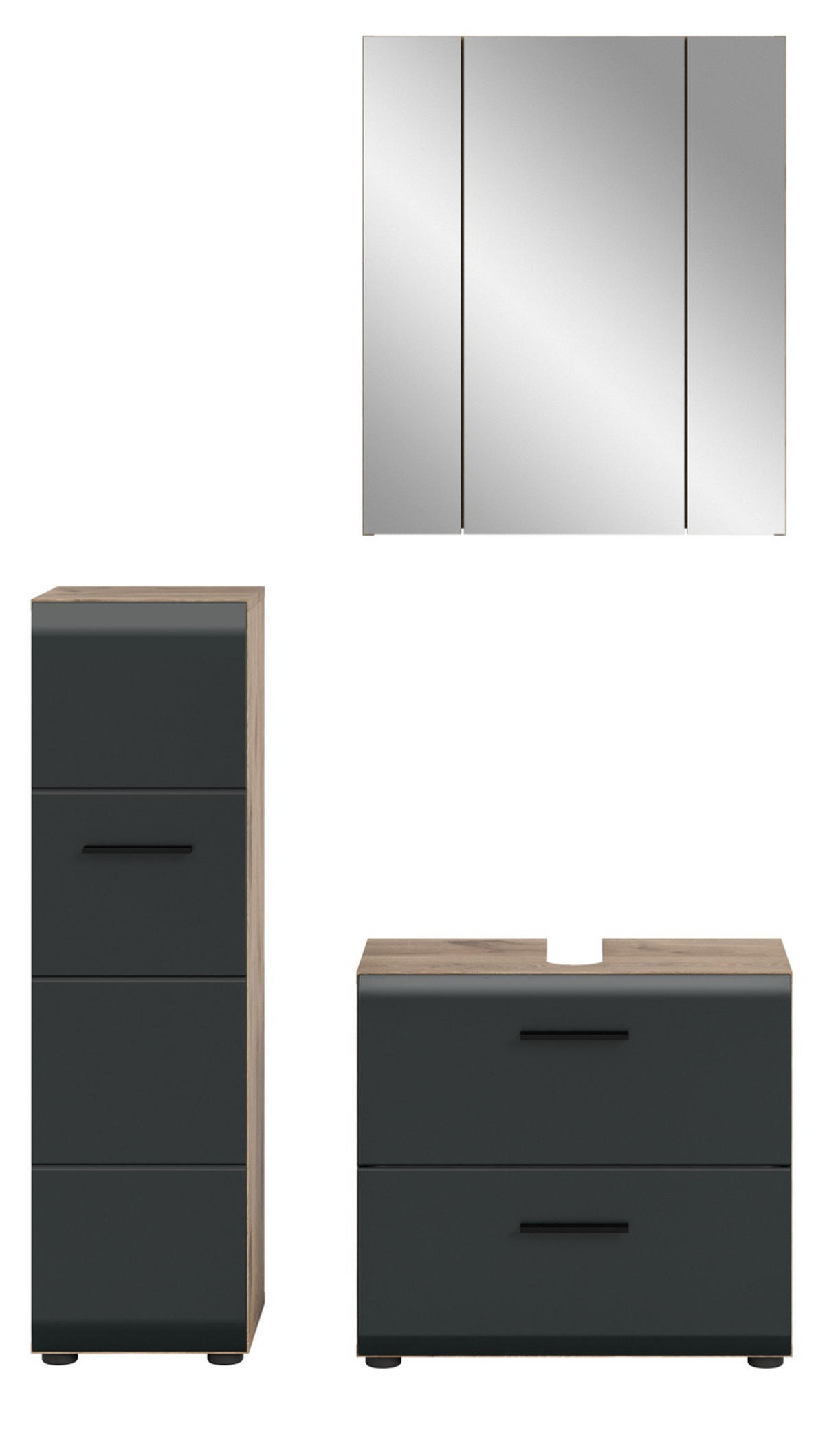 BADMÖBEL-SET 3-teilig Schwarz matt, Eiche Nox, Badezimmer mit viel Stauraum und Vollauszug Schubkästen 105 x 185 cm - Eichefarben/Schwarz, Glas/Holzwerkstoff (105/185/30cm) - Inn.Furn