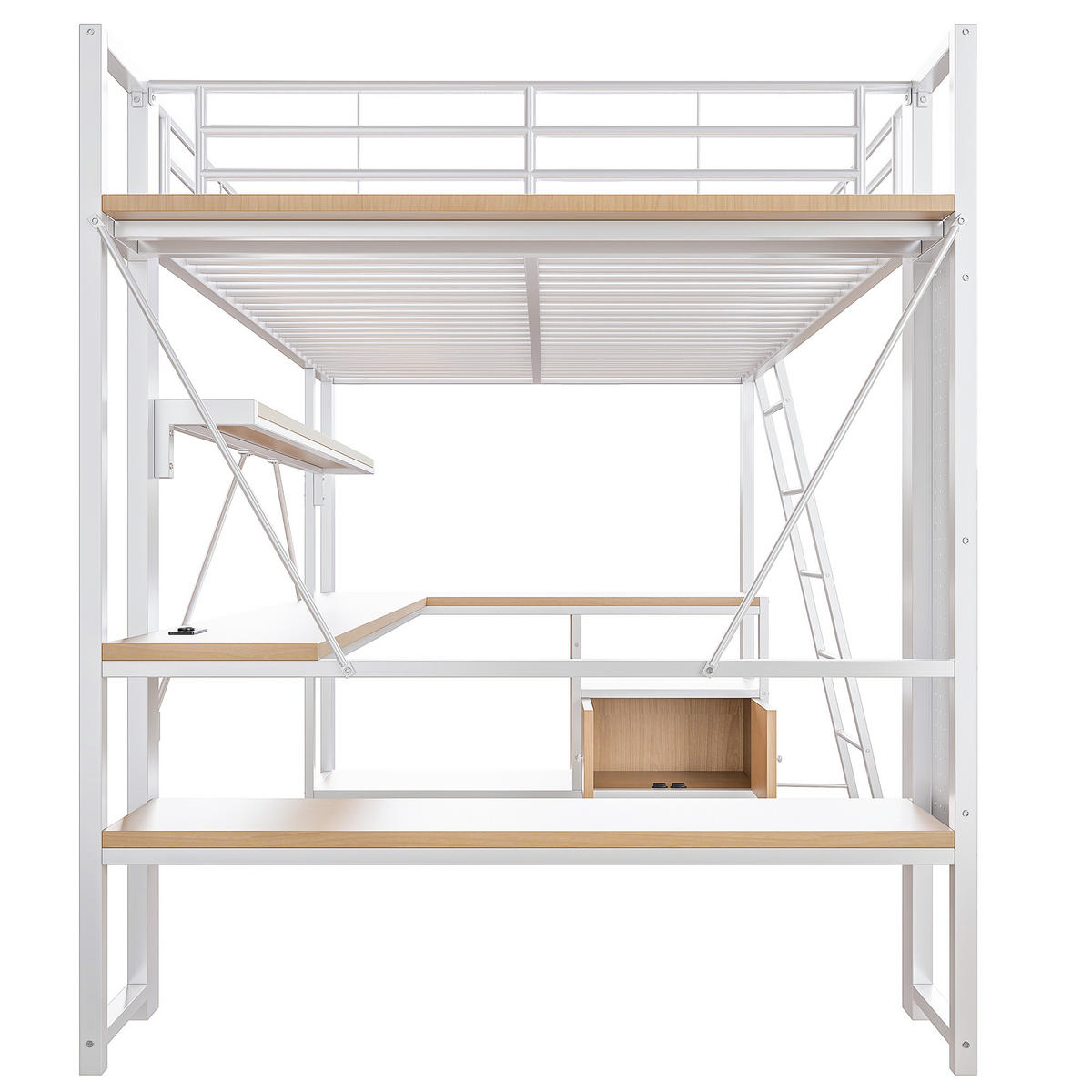 HOCHBETT 140/200 cm DE-04995, mit LED, Schreibtisch und Lochwand in Weiß - Weiß, Metall (140/200cm) - ComfortXL