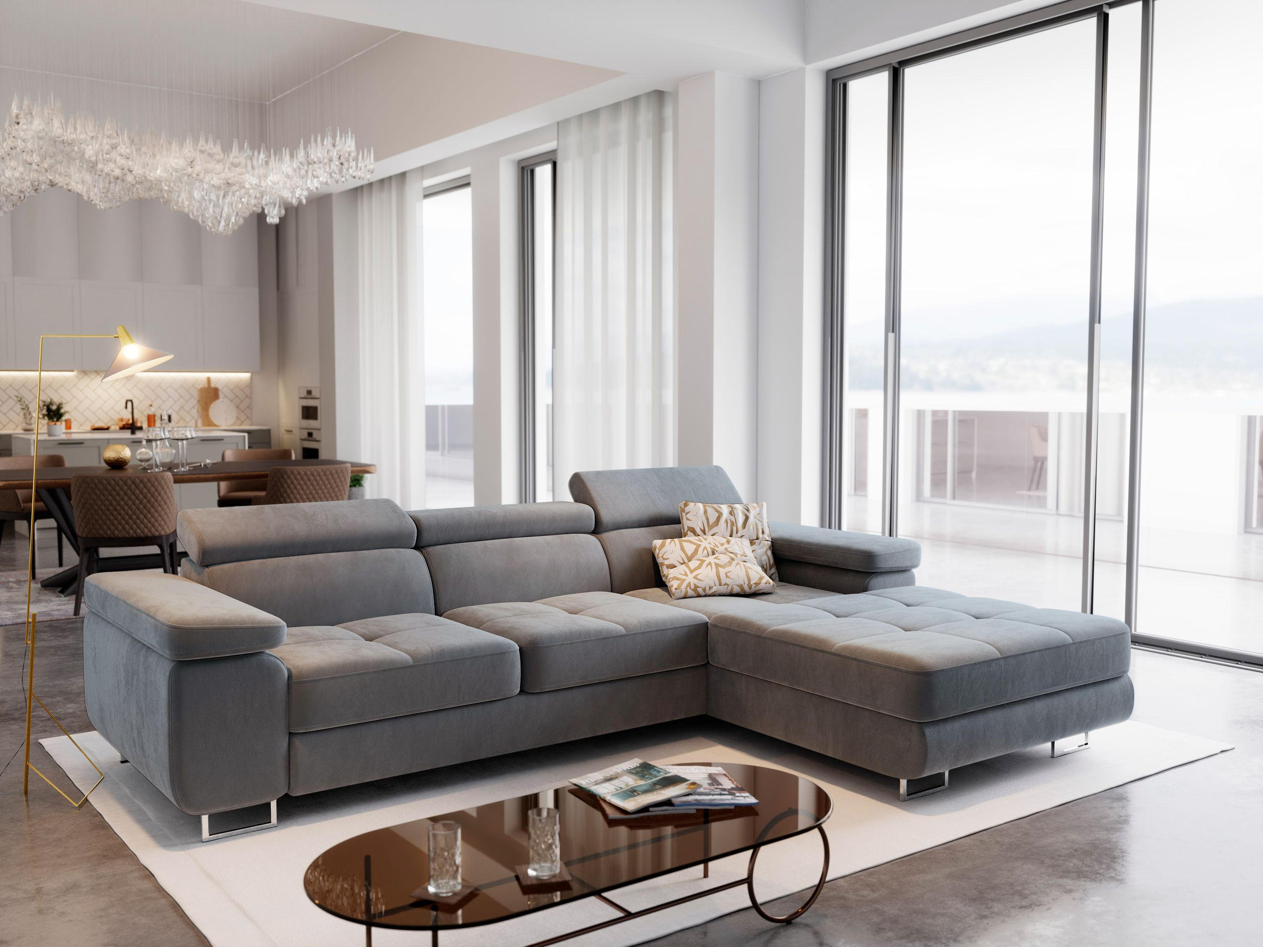 ECKSOFA ELMA R-S Hellgrau Velours-Stoff mit Schlaffunktion - Hellgrau, Holz (280/205cm) - MASSENO