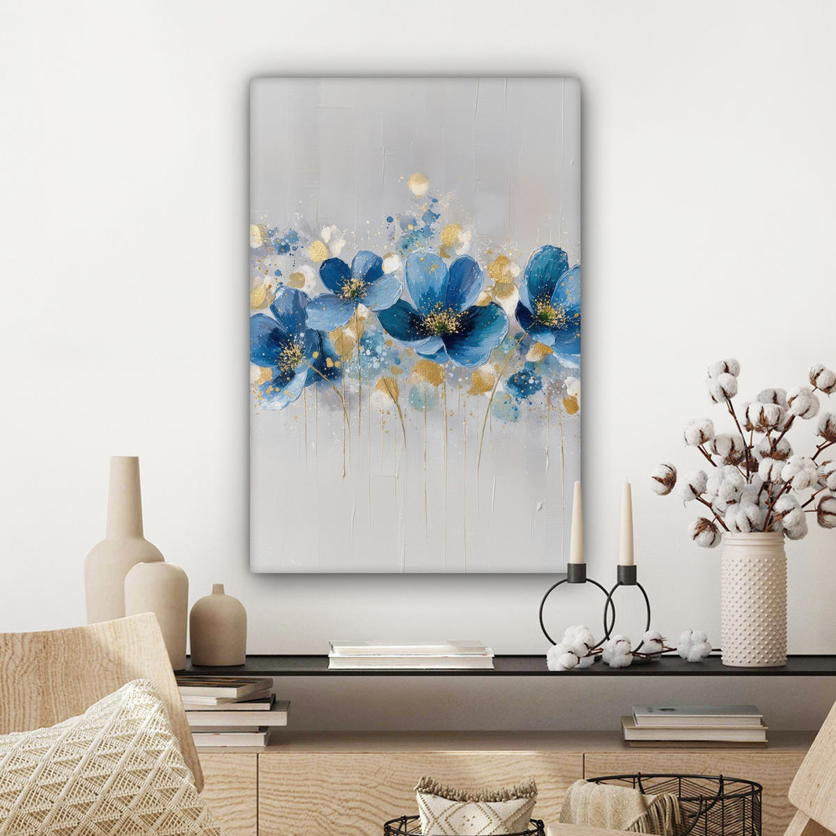 LEINWANDBILD Blumen - Blau - Abstrakt Wanddeko Schlafzimmer 60x90 cm - Hellgrau, Textil (60/90cm) - MuchoWow