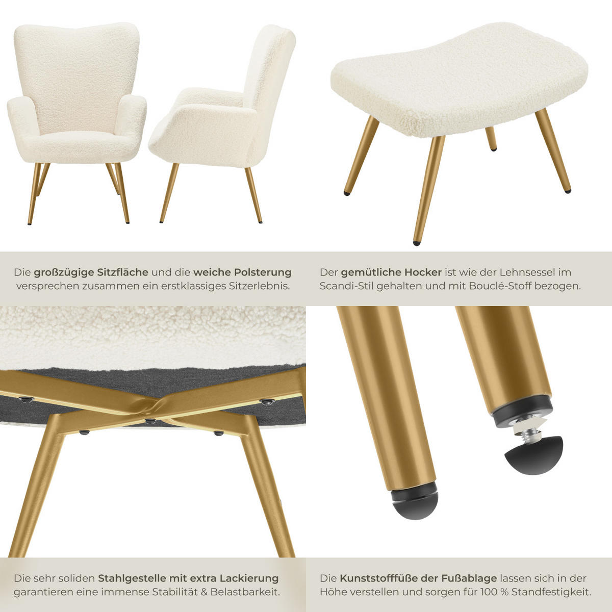 SESSEL Hygge,72 x 76 x 100,5 cm,Bouclé creme/gold - Goldfarben/Creme, Kunststoff (72/100.5/76cm) - tectake