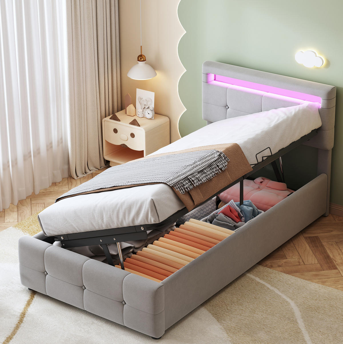 POLSTERBETT 90/200 cm Grau mit LED-Beleuchtung und Stauraum - Grau, Textil (90/200cm) - Flora Grace