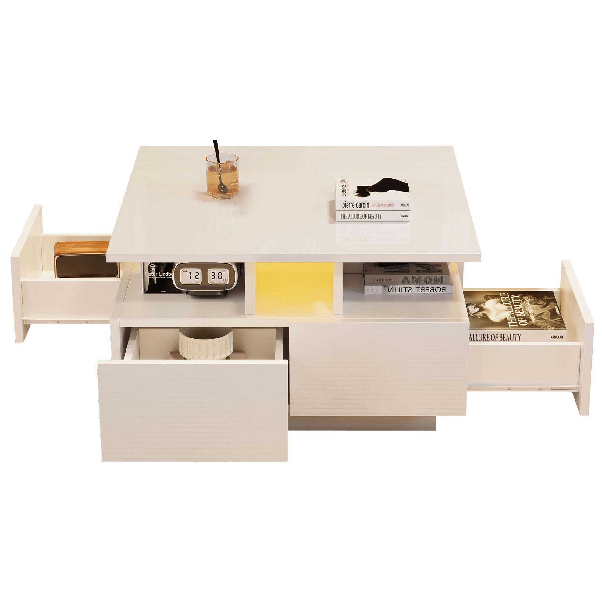 COUCHTISCH 70/70/40 cm in Weiß mit LED-Beleuchtung und 4 Schubladen - Weiß, Holzwerkstoff (70/70/40cm) - Flora Grace