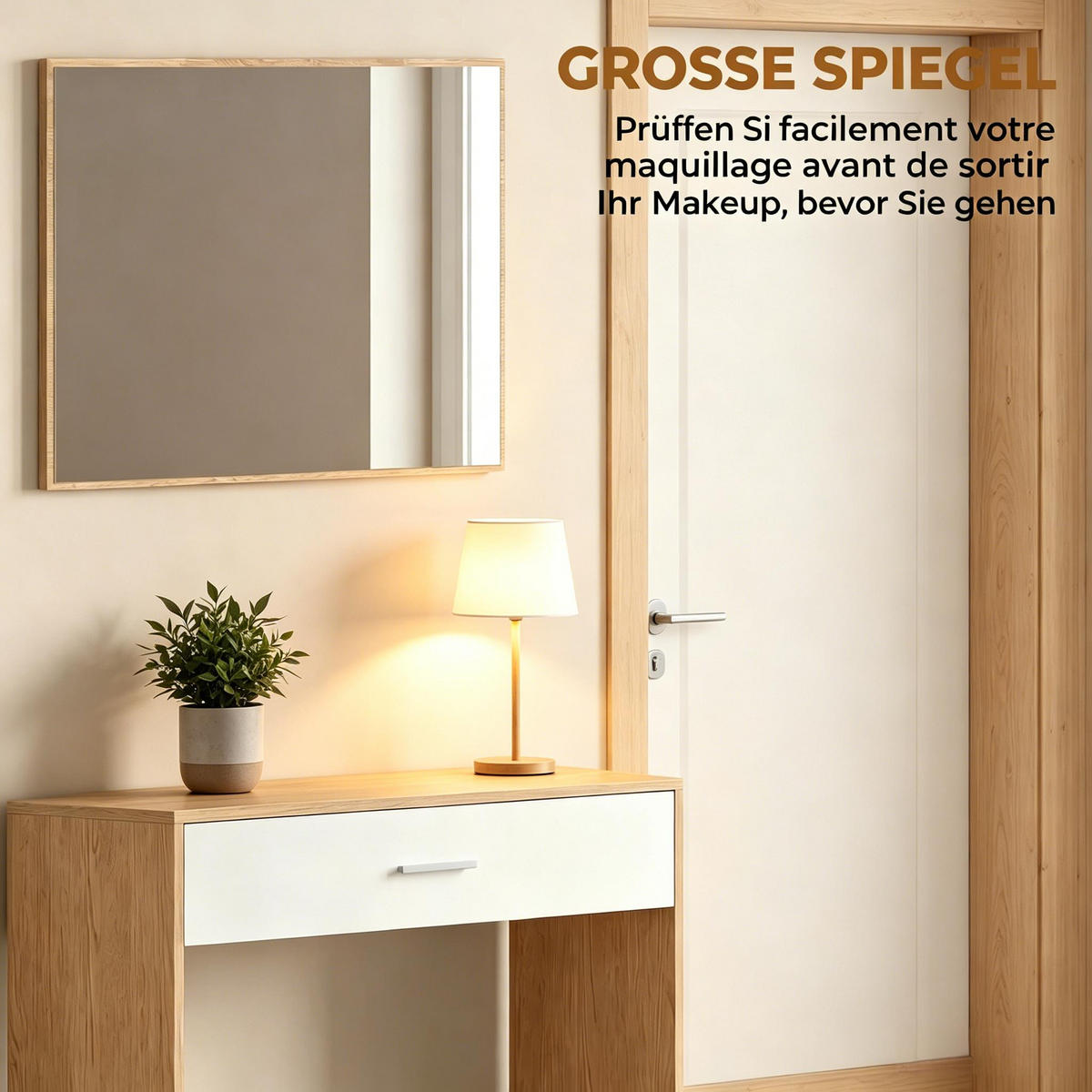 KONSOLENTISCH-SET DE-37254 mit Schublade, Regal und Spiegel Eiche/Weiß - Naturfarben, Holzwerkstoff (91.5/27.9/85cm) - ComfortXL