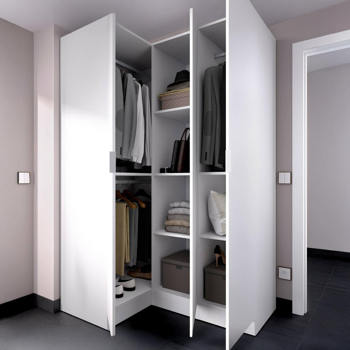 ECKKLEIDERSCHRANK Holz-Effekt Weiß 90.5x133h184 - Weiß, Holzwerkstoff (133/184/91cm) - DMORA
