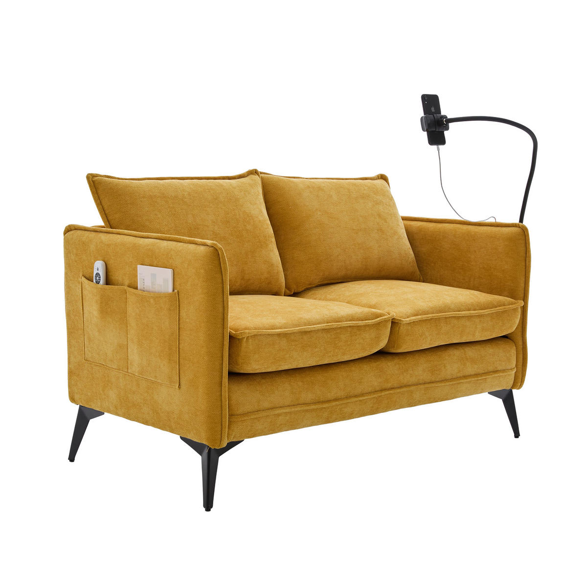 SOFA 2-Sitzer mit Handyhalterung und Ablagefächern Chenille Gelb 127/69/66 cm - Gelb, Textil (127/66/69cm) - OKWISH