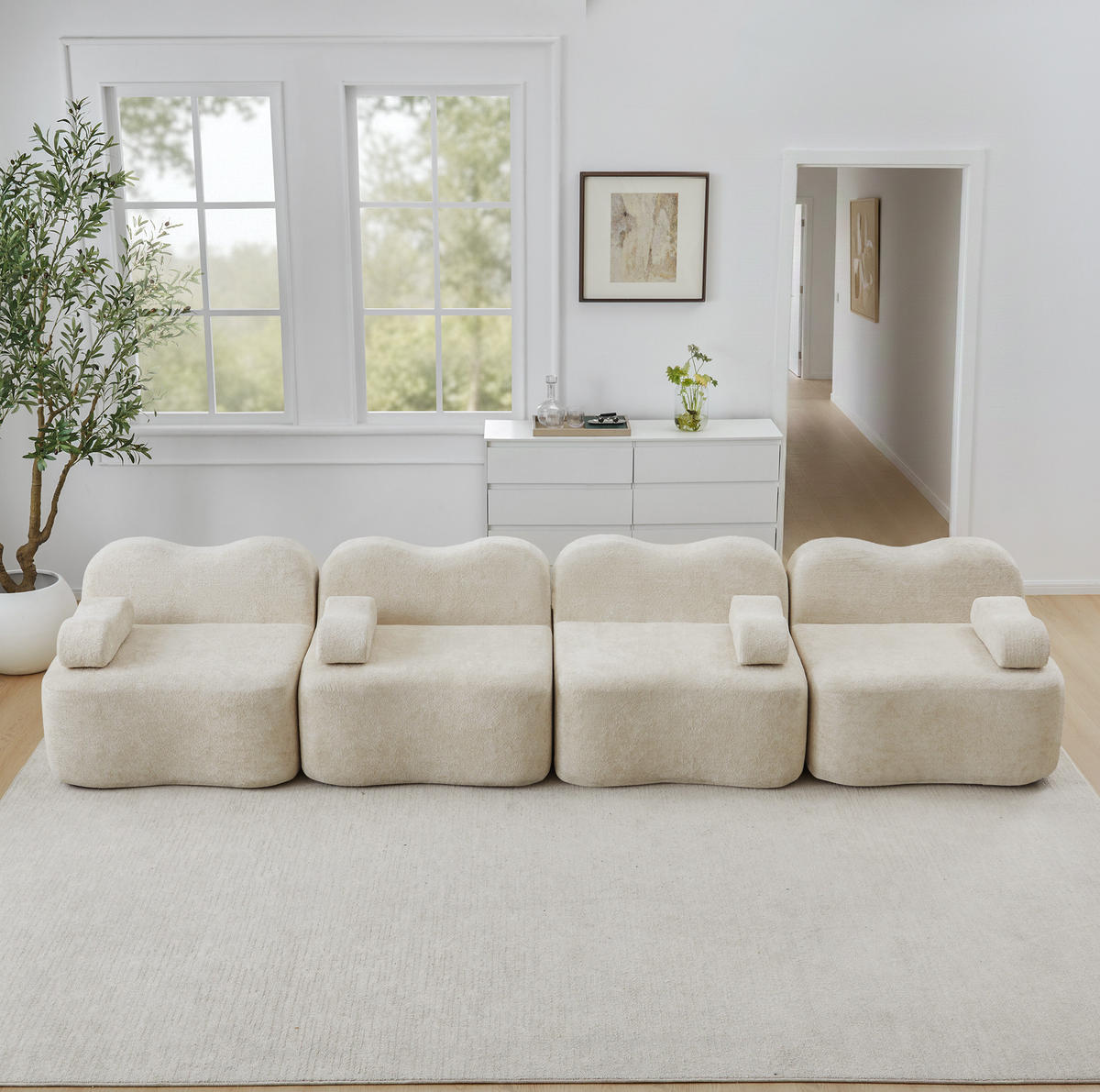 4-MIESTNA pohovka z zamatu 384x98x70 cm béžová s hlbokým sedením a bezrámovou konštrukciou, flexibilná kombinácia modulov - béžová, textil (384/70/98cm) - Modfu
