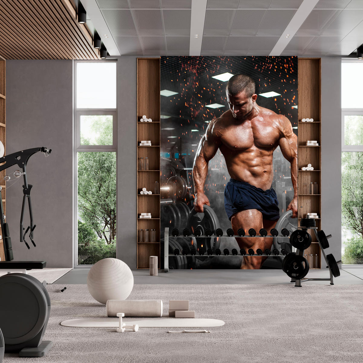 FOTOTAPETE Muskulöser Mann Gym Fitnessstudio Sport 150x105 - Beige/Schwarz, Papier (150/105cm) - Muralo