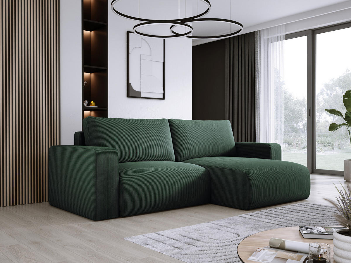 ECKSOFA Carl L-förmig Schlaffunktion und Bettkasten weicher Cordstoff flexibel stellbar lose Rückenkissen freistehend RECHTS 247x143x83cm Forest green - Waldgrün, Holz/Textil (247/143cm) - DomoHome