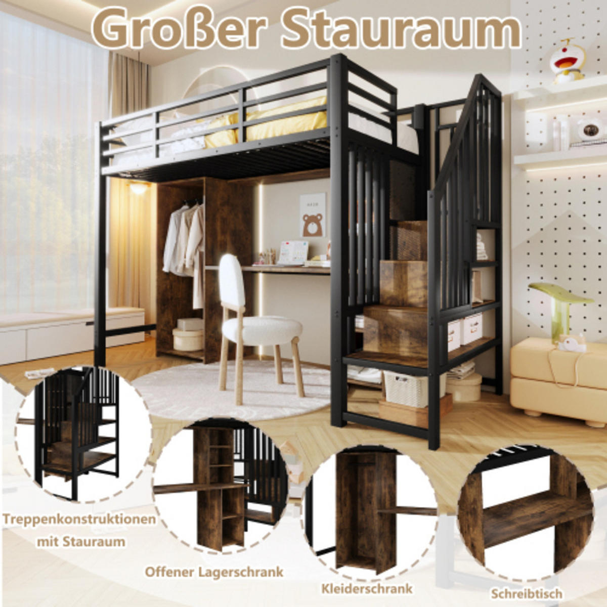 HOCHBETT 90x200 cm aus Metall und MDF mit Kleiderschrank, Schreibtisch und vielen Staufächern, Schwarz - Schwarz, Holzwerkstoff - Luhomfu