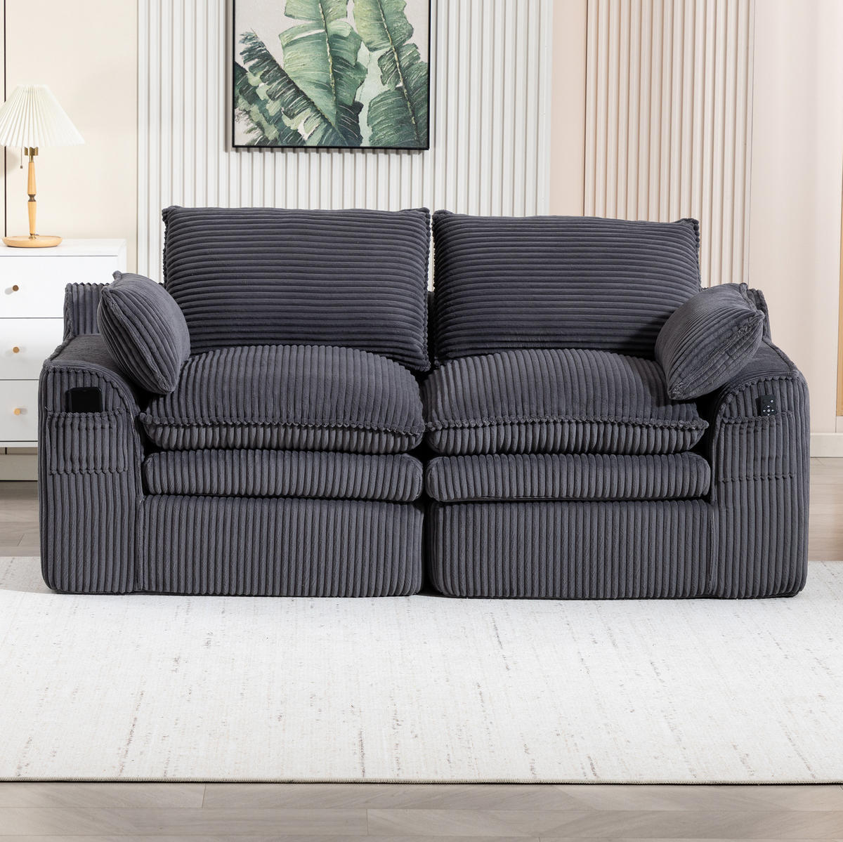 2-SITZER-SOFA 191/94/85 cm mit Seitentaschen, Kissen und Federkern, Cord, Dunkelgrau - Dunkelgrau, Textil (191/85/94cm) - Redom