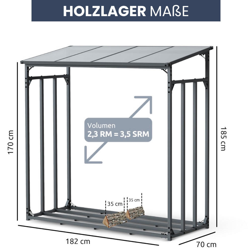 KAMINHOLZREGAL Außen mit Dach ELOS 182x70x185 cminkl. Ofenhandschuh - Anthrazit, Metall (182/185/70cm) - DELUKE