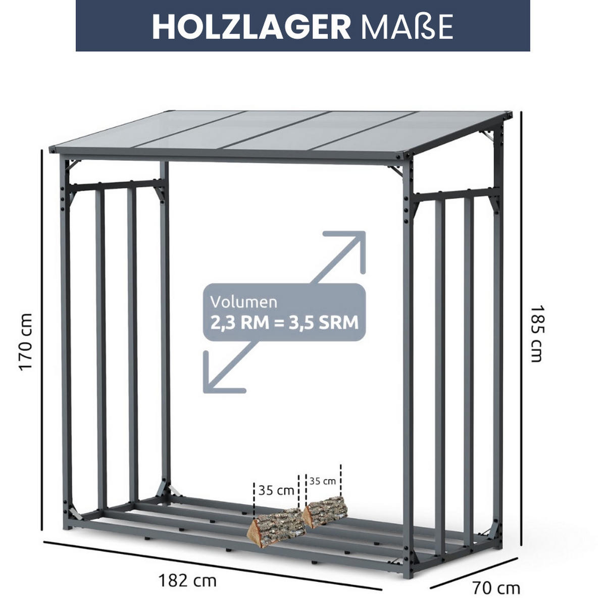 KAMINHOLZREGAL Außen mit Dach ELOS 182x70x185 cminkl. Ofenhandschuh - Anthrazit, Metall (182/185/70cm) - DELUKE