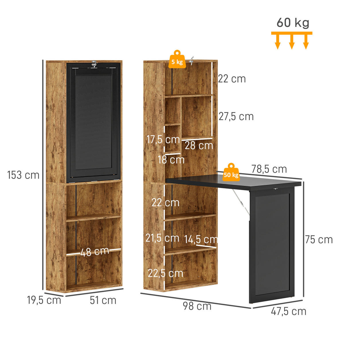 SCHREIBTISCH Braun klappbar mit Regal und Tafel 98/51/153 cm - Rotbraun, Holzwerkstoff (51/98/153cm) - PANGIVO
