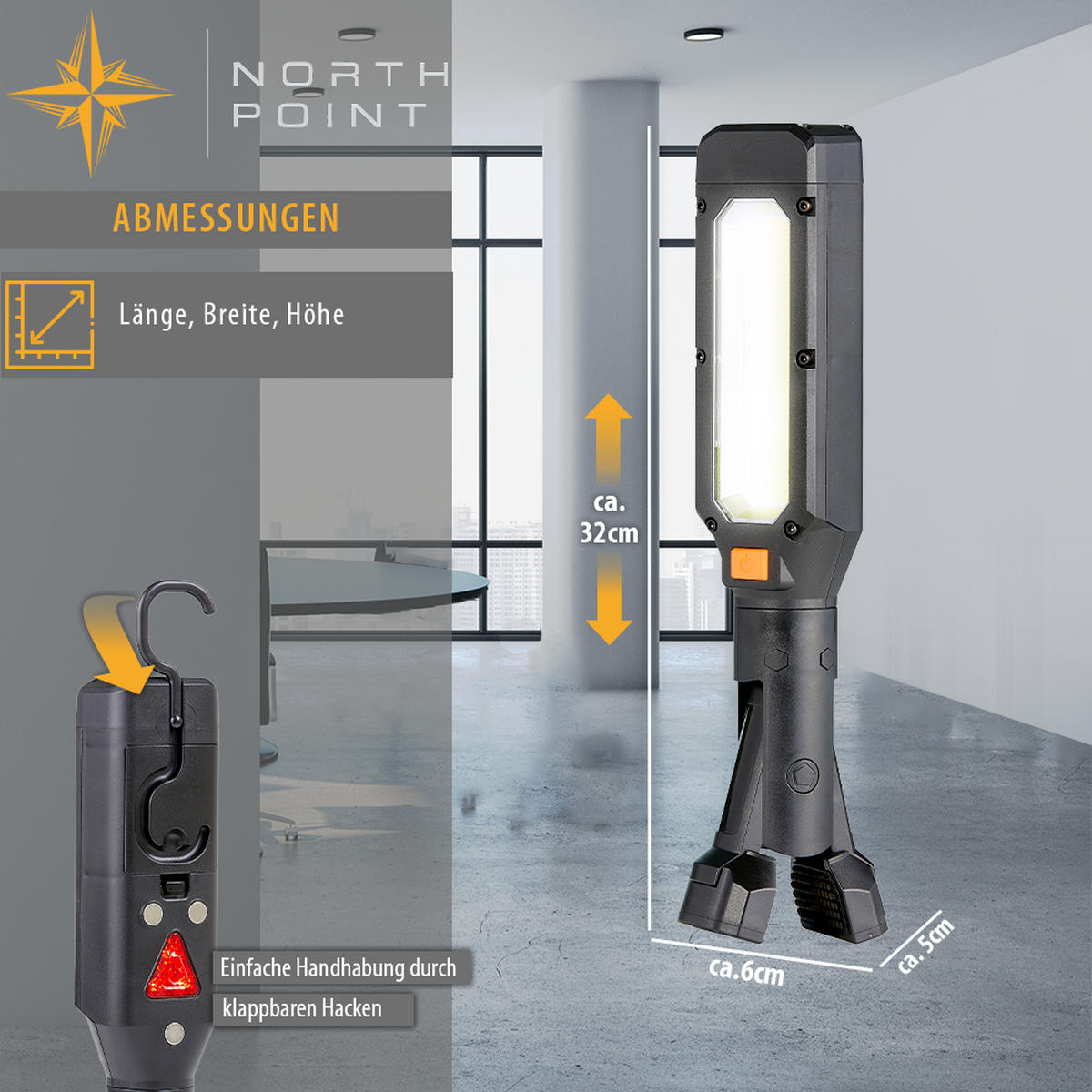 LED-ARBEITSLAMPE - kabellos mit Magnethalterung und Haken für Werkstatt, Camping und Renovierung - Schwarz, Kunststoff (6/32/5cm) - Northpoint