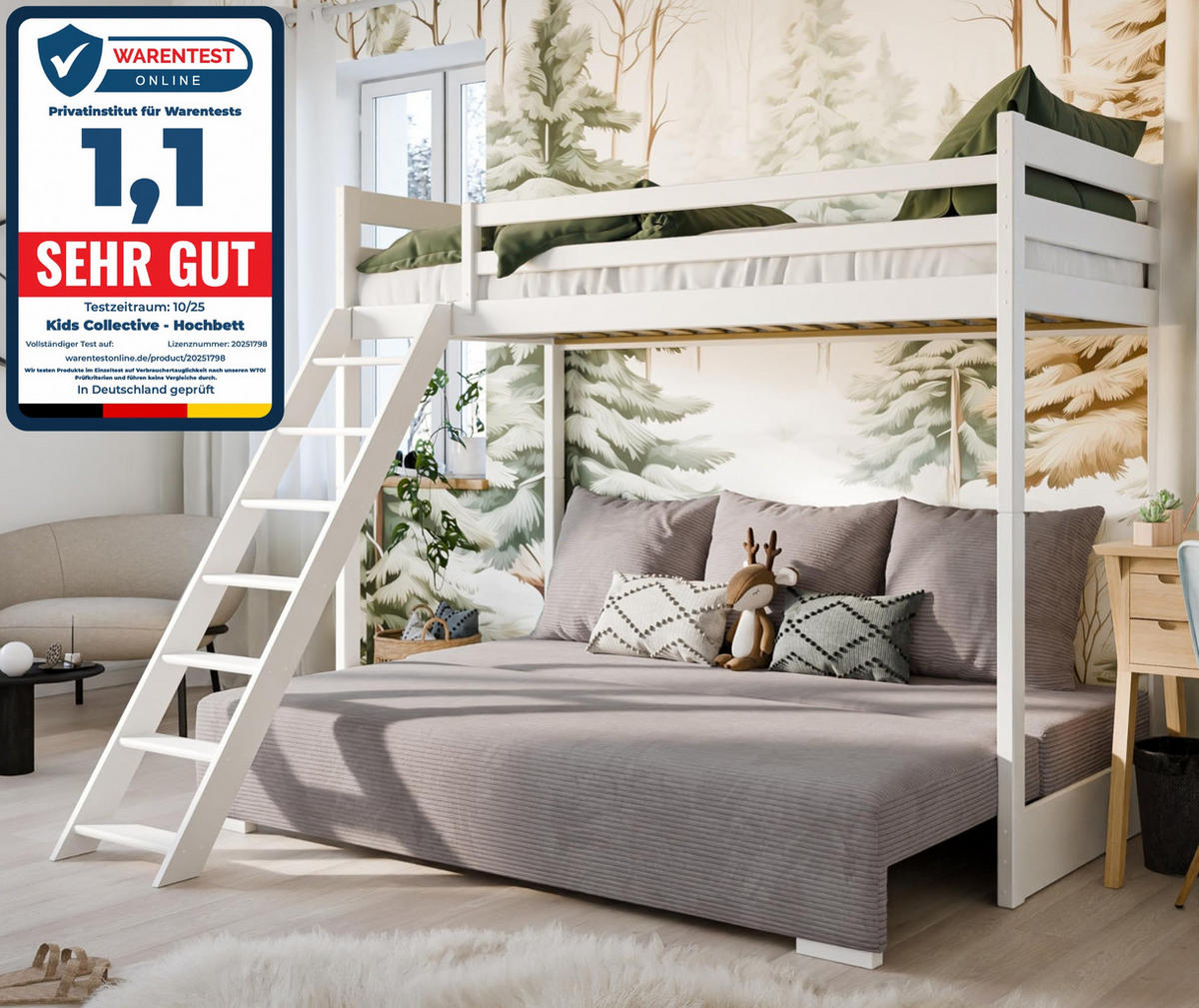 HOCHBETT mit Schlafsofa 200x140 cm in weiß und graufarben - Weiß/Grau, Holz (140/200cm) - Kids Collective