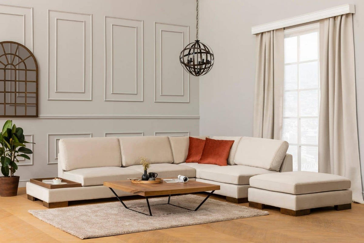 ECKSOFA mit Hocker und Lounge-Design - Beige/Walnussfarben, Holz/Textil (193/313cm) - myHomelando
