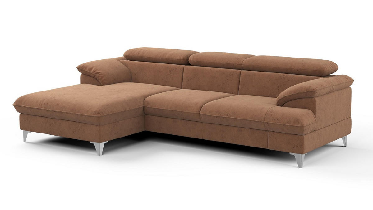 ECKSOFA mit Schlaffunktion und Bettkasten, verstellbare Kopfstützen - Chromfarben/Braun, Textil/Metall (254/167cm) - Cotta