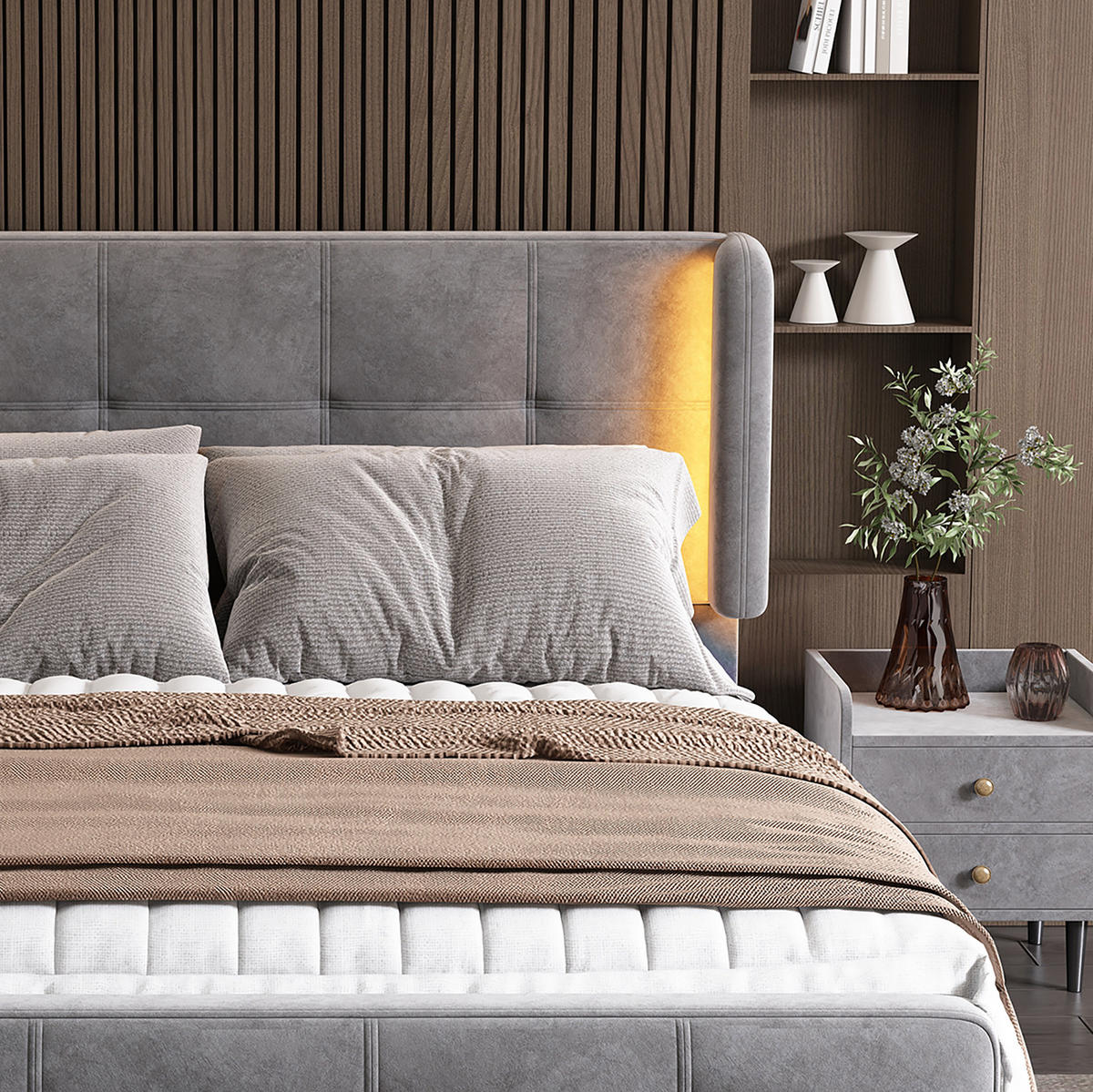 SAMT-POLSTERBETT 140/200 cm mit LED-Beleuchtung und verstellbarem Kopfteil - Grau, Textil (140/200cm) - BEAOK