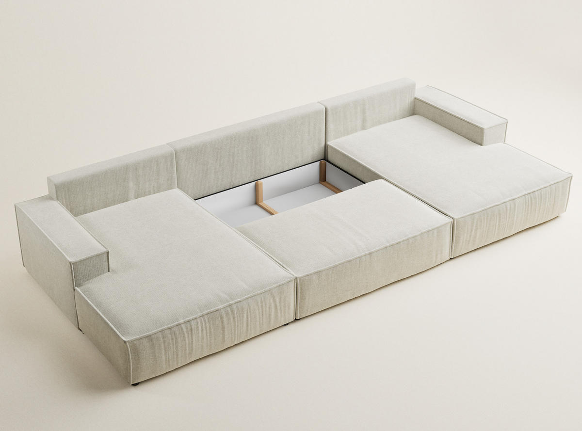 WOHNLANDSCHAFT Kyoto Creme Chenille-Stoff - Creme/Schwarz, Holz/Holzwerkstoff (398/70/148cm) - Maison de Reve