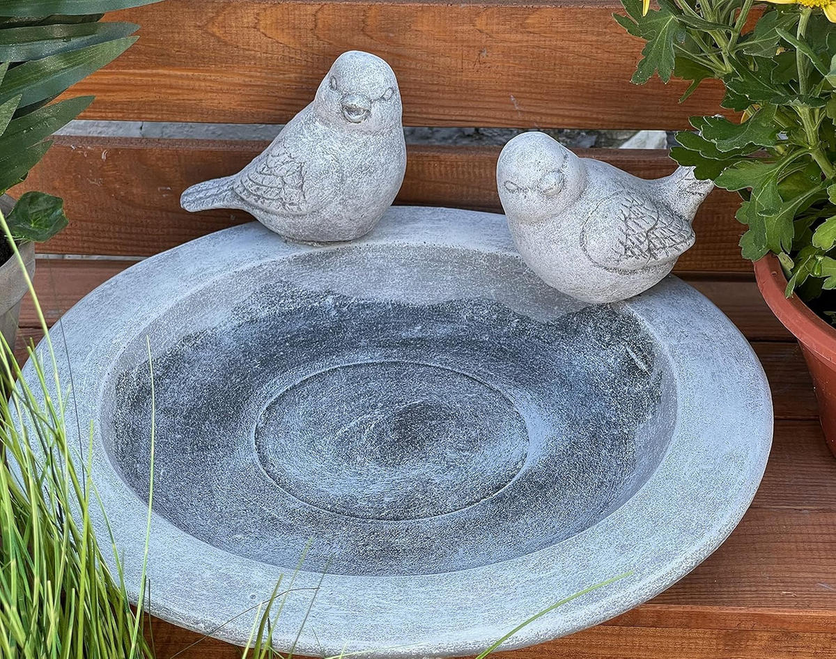 VOGELTRÄNKE Teller mit 2 Vögeln aus massiven Steinguss, frostfest - Grau, Stein (32/14/32cm) - stoneandstyle