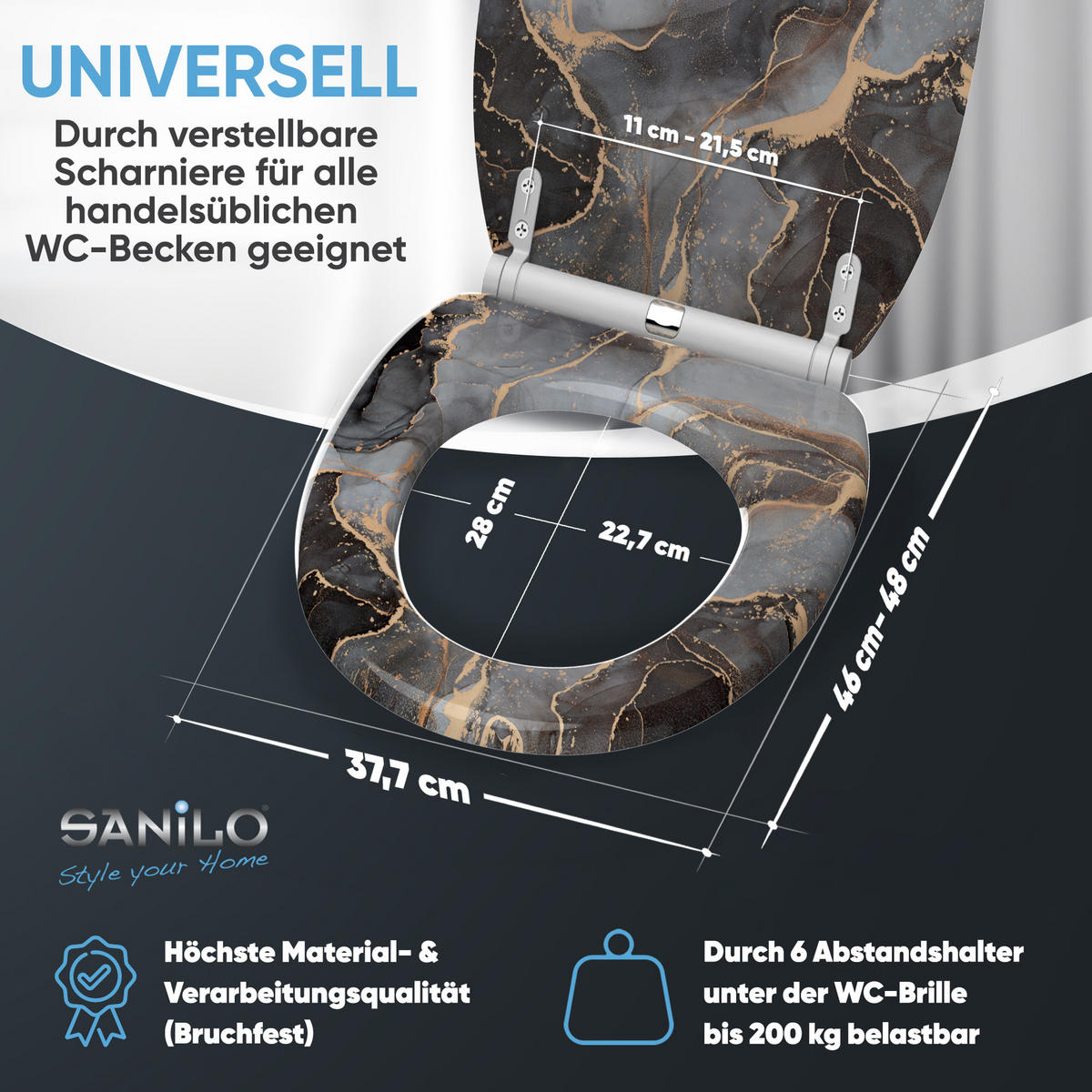 WC-SITZ mit Absenkautomatik & Top Fix Marmor Abstrakt - Grau, Holzwerkstoff (37.7/5.5/48cm) - Sanilo