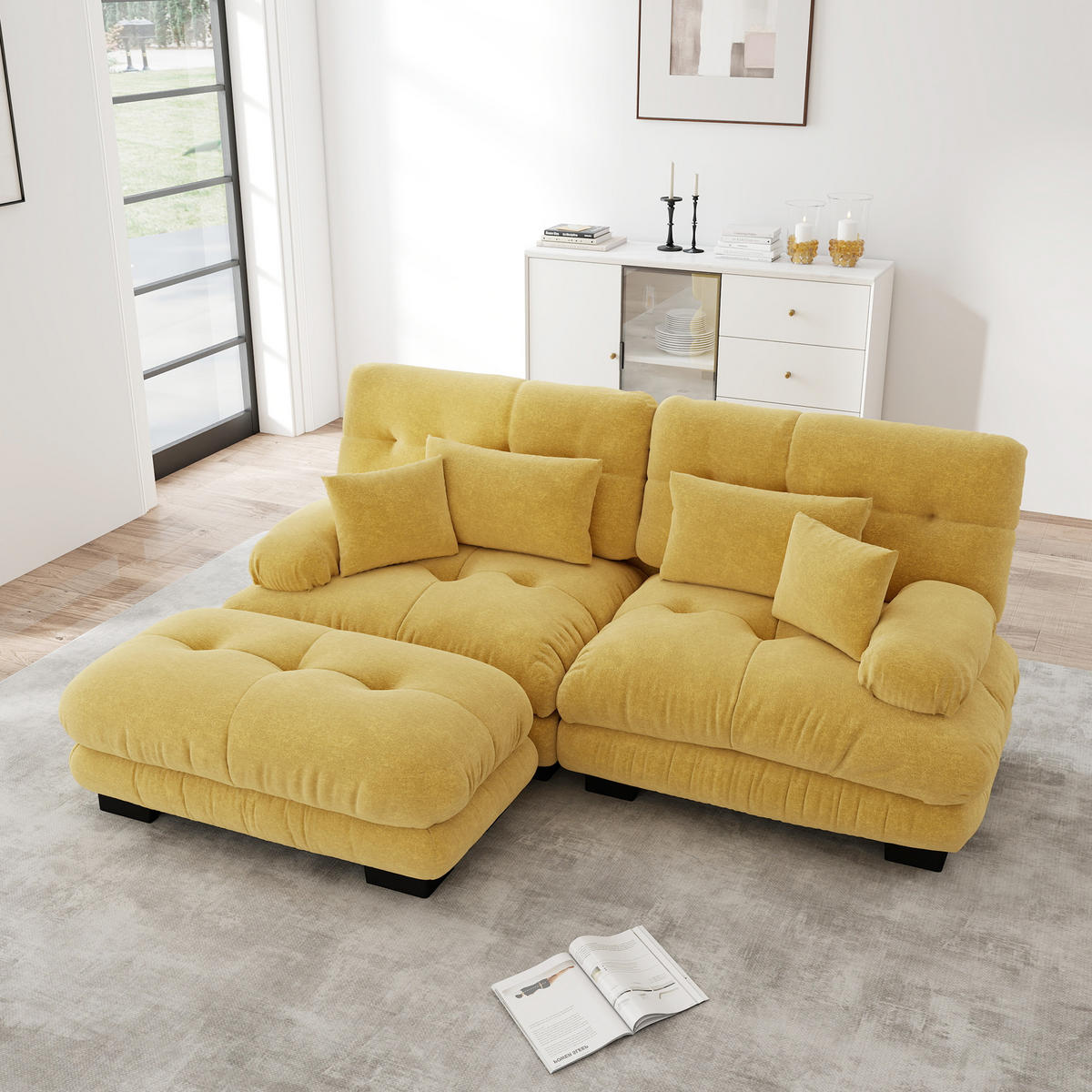 ECKSOFA Chenille Gelb mit Kissen und Ottomane - Gelb, Textil (220/145cm) - WISHDOR