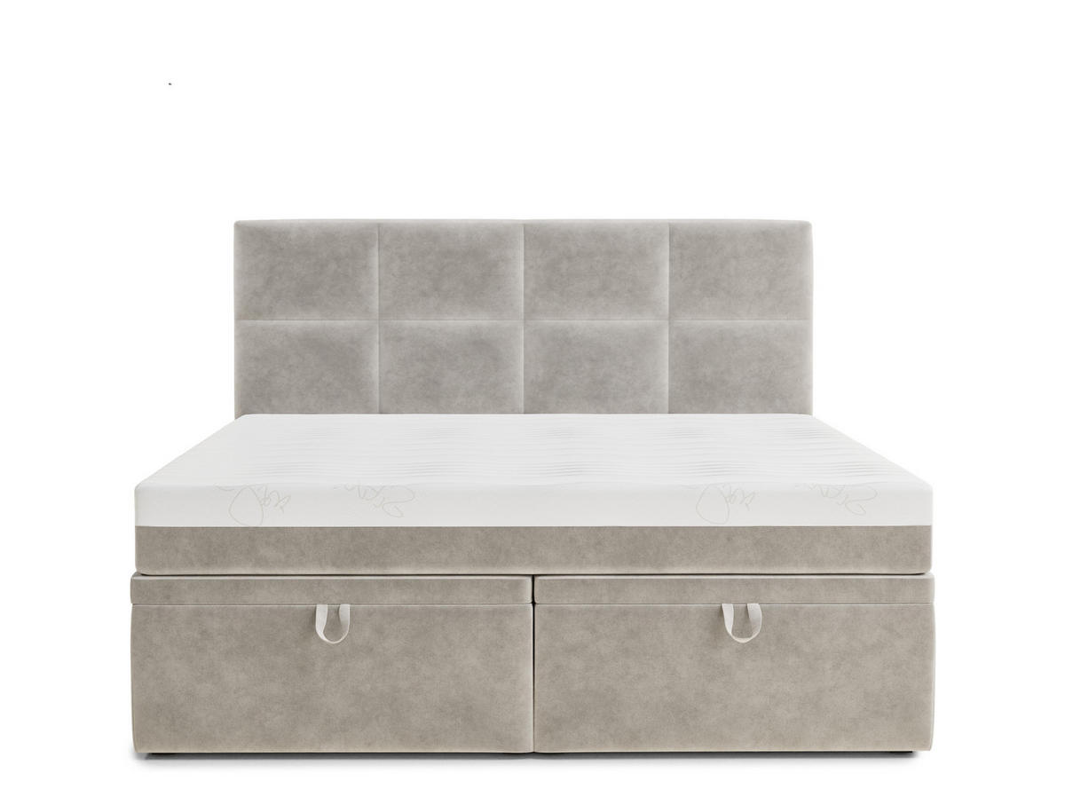 BOXBETT 180/200 cm Umage, in Beige, Matratze, gepolstertes Kopfteil, Bettkasten, H3 = fest - Beige/Schwarz, Holz/Holzwerkstoff (180/200cm) - Maison de Reve