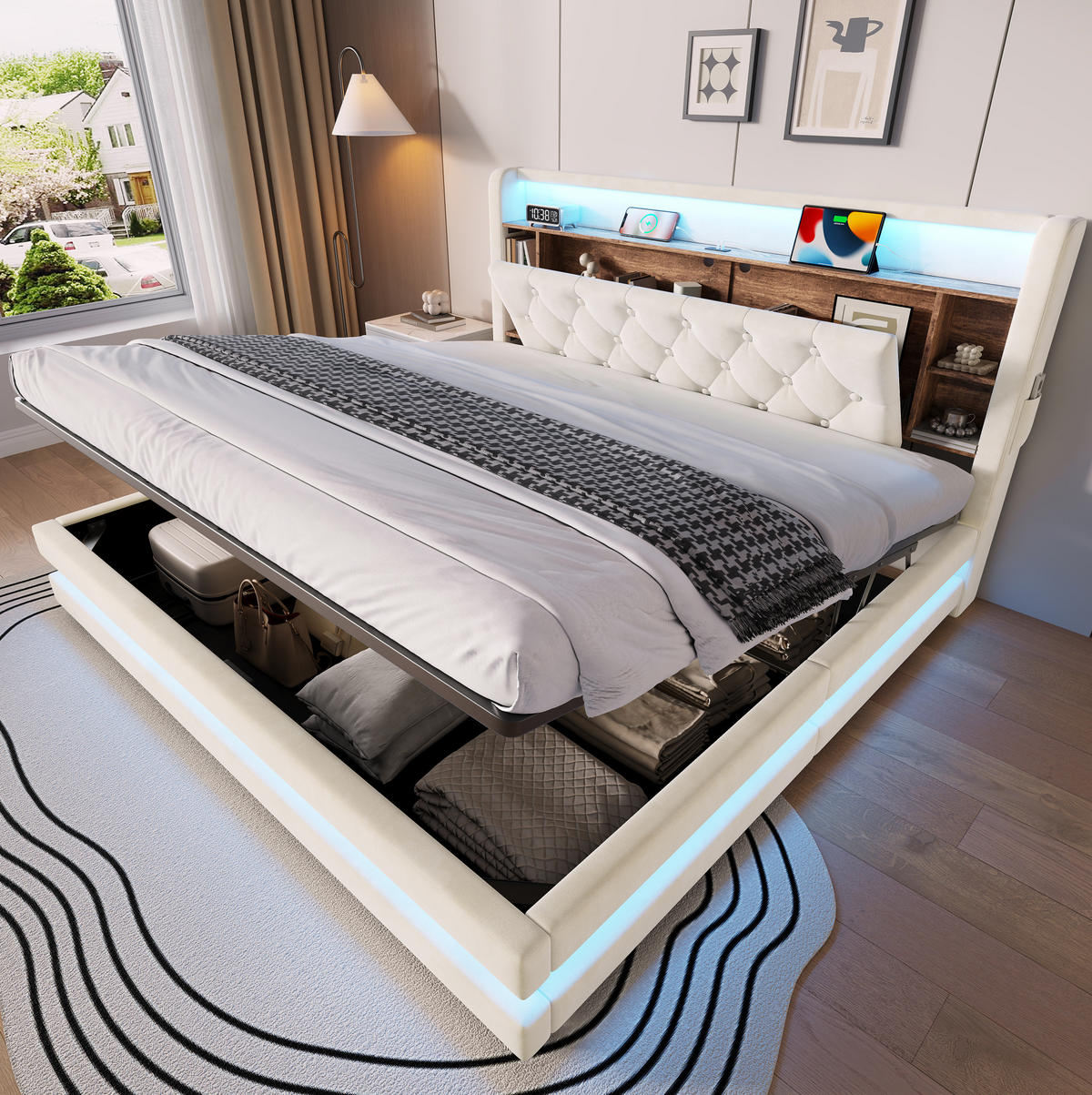 SAMETOVÁ čalouněná postel 180/200 cm s LED, USB-C a hydraulickým úložným prostorem, Béžová - béžová, textil (180/200cm) - Redom