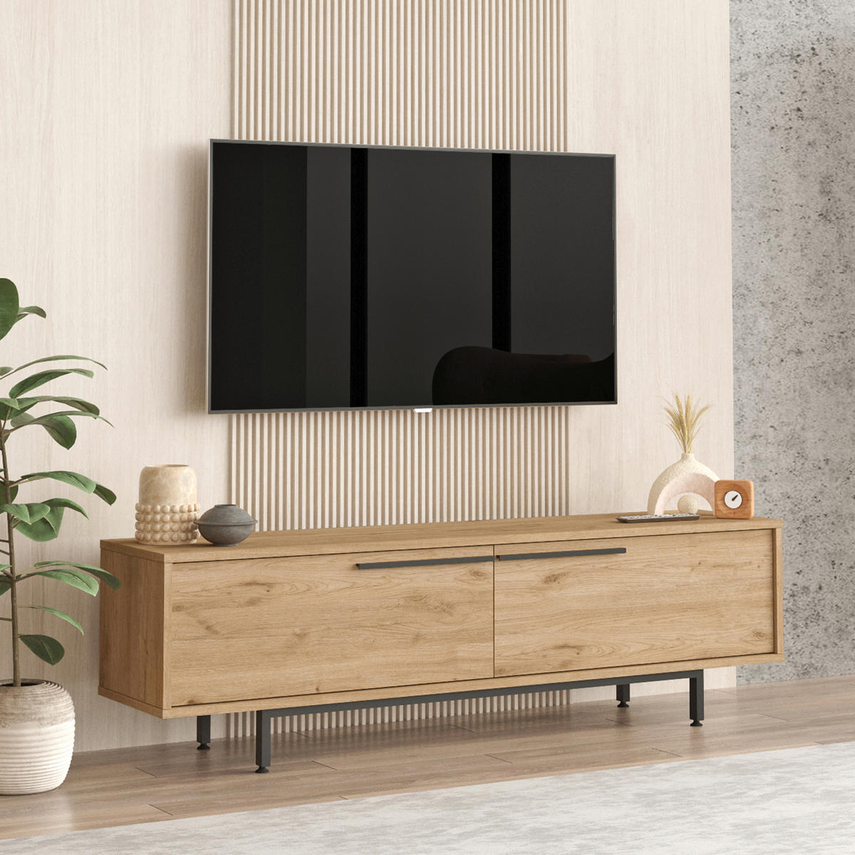 TV SKŘÍŇKA Urejovle - černá/barva dubu, kov/kompozitní dřevo (160/45/35.5cm) - [en.casa]