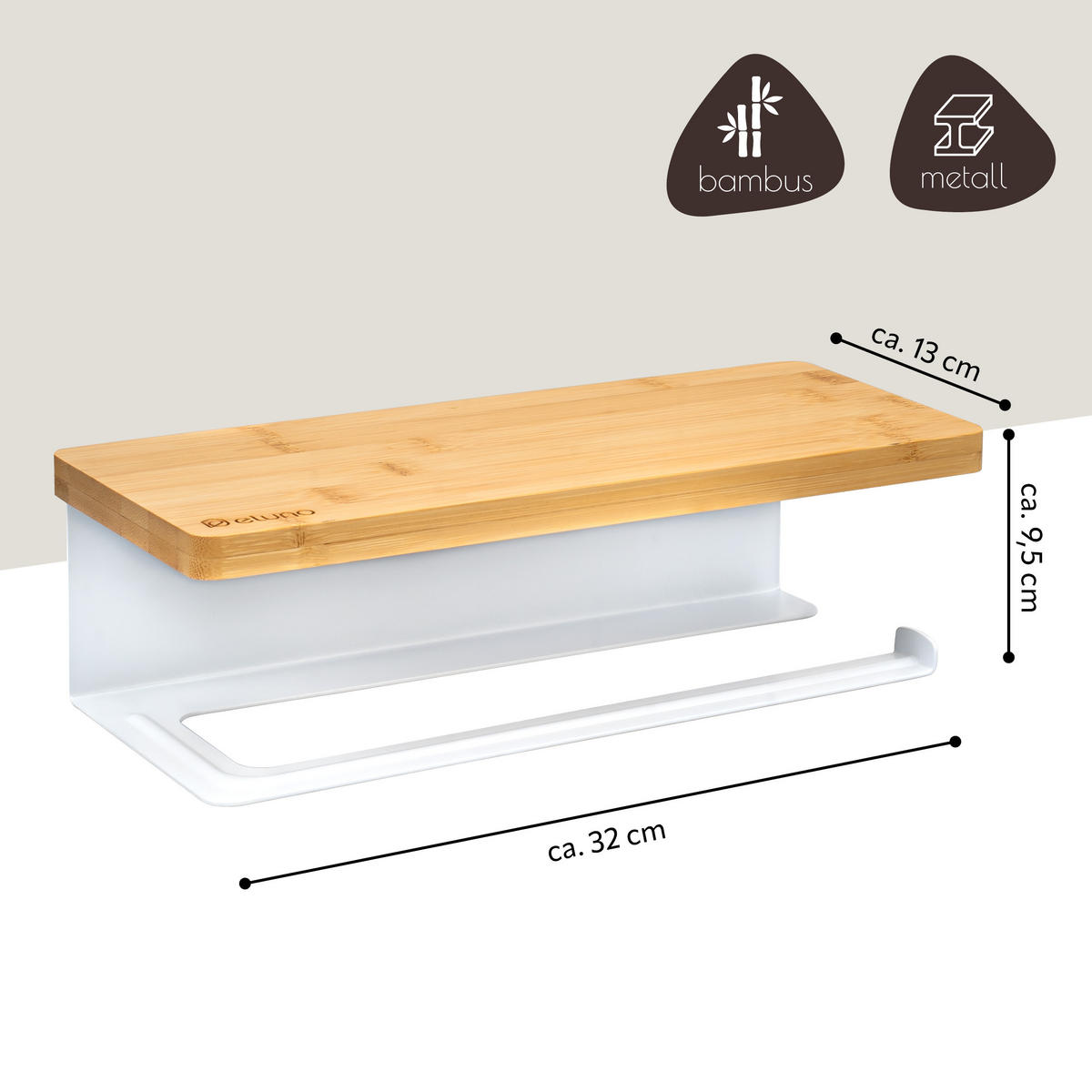 KÜCHENROLLENHALTER mit Bambusablage - Weiß, Metall (32/9.5/13cm) - eluno