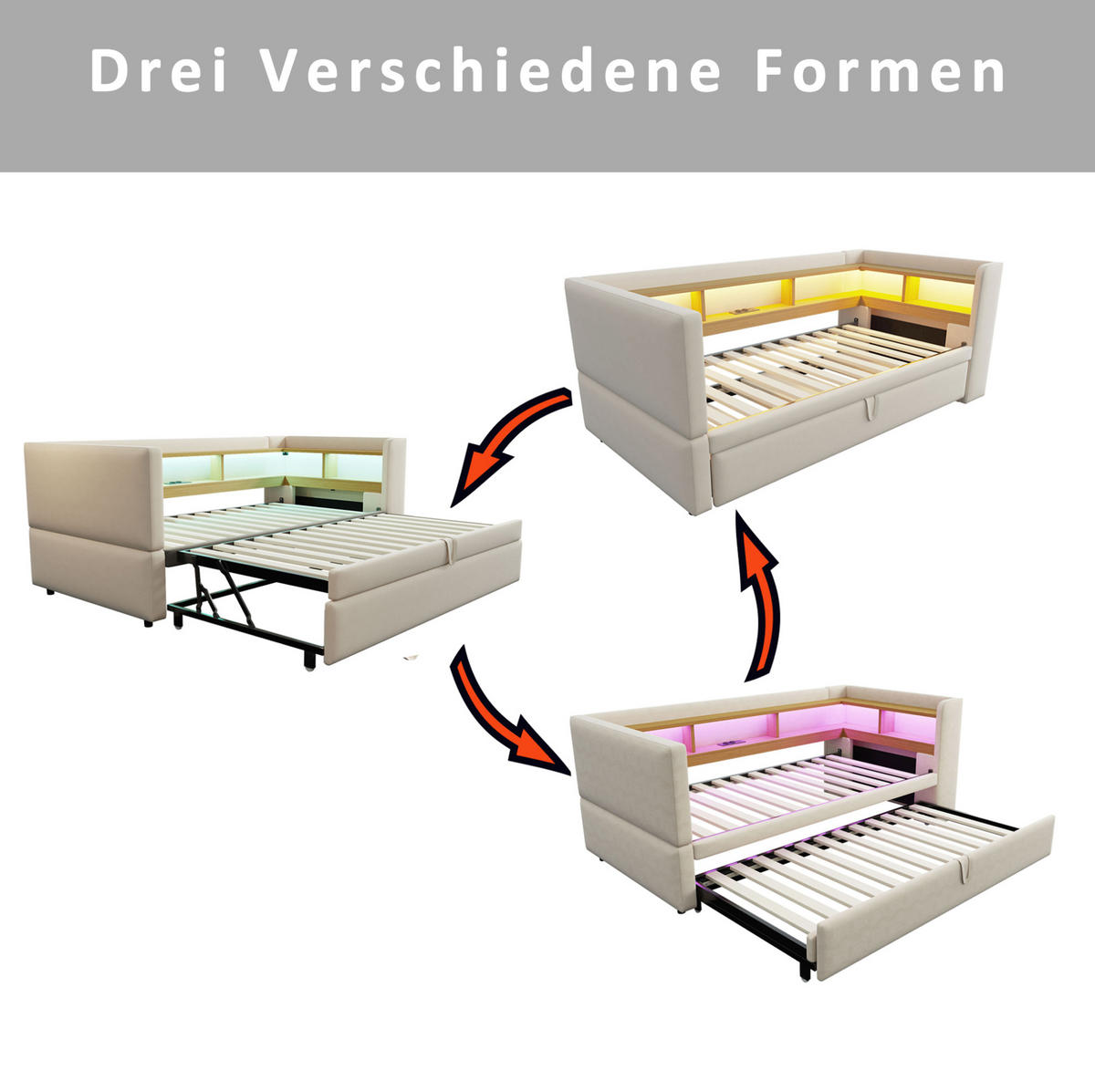 SCHLAFSOFA 90/190 cm mit LED-Beleuchtung, Steckdose, Ablagefächern und Flanellbezug, Beige - Beige, Textil (199/80/211cm) - Redom