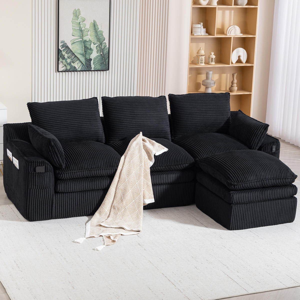 3-STIZER Sofa 263/167/85 cm frei kombinierbar mit Hocker, Seitentaschen und Kissen, Schwarz - Schwarz, Textil (263/85/167cm) - Redom