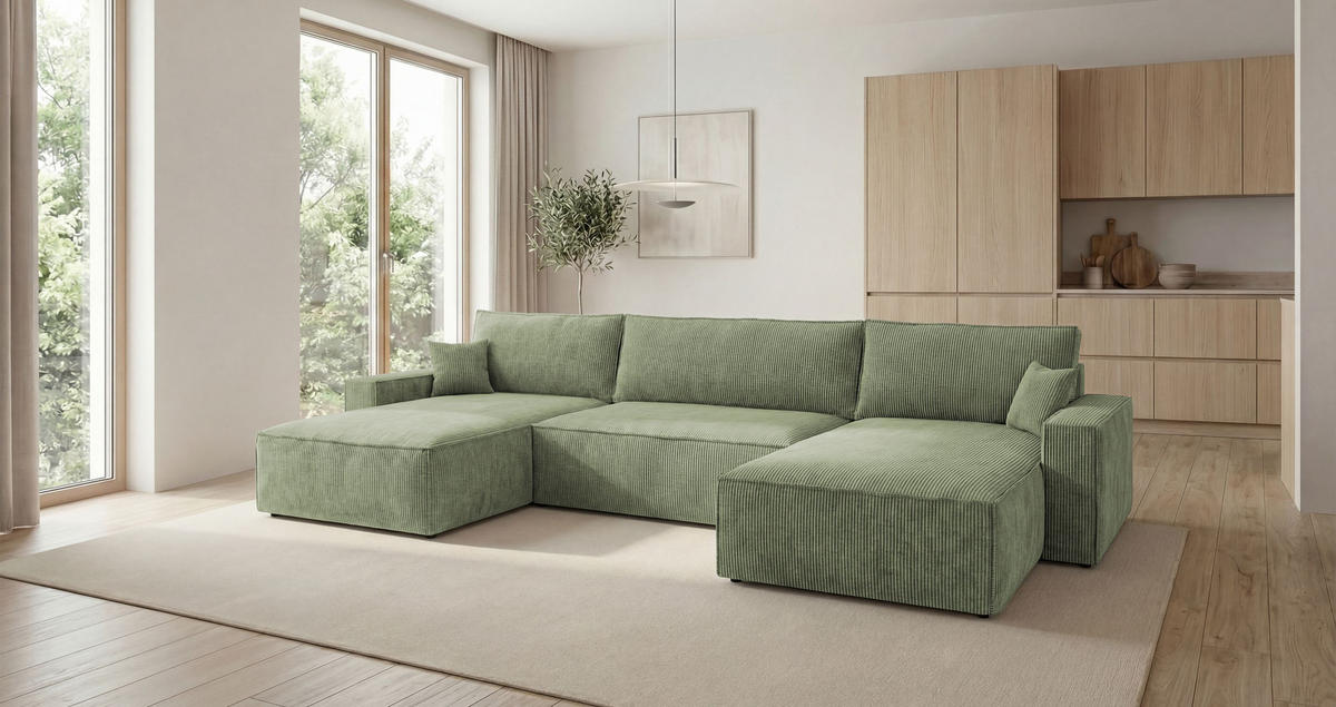 SEDACÍ souprava VIENNA tvar U světle zelená manšestr Poso 47 - funkce spaní, úložný prostor - světle zelená, textil (385/86/185cm) - Cornero