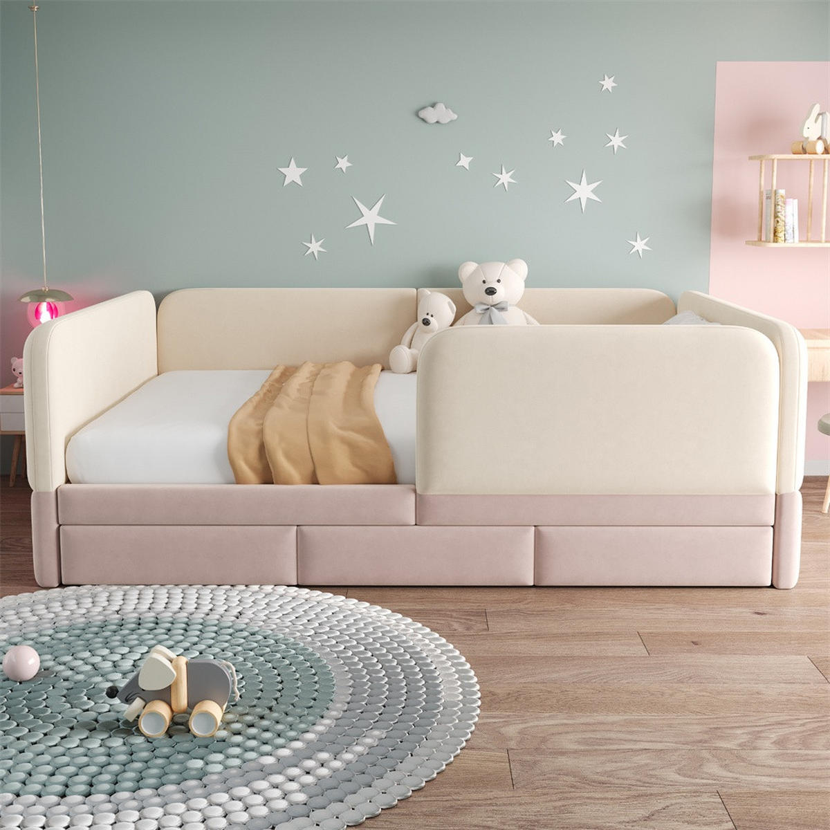 POLSTERBETT 140x200 cm mit Rundum-Sicherheitsumrandung & 3 Schubladen - Beige&Rosa - Samt - ohne Matratze - Pink, Textil (140/200cm) - DELFA