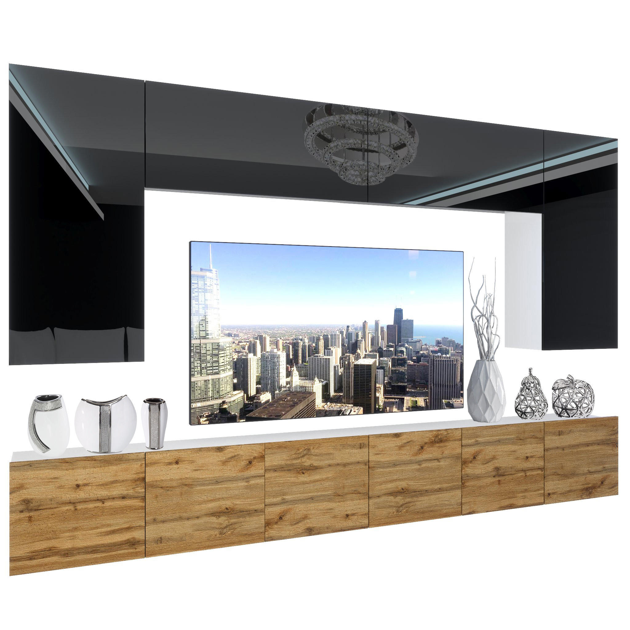 WOHNZIMMERWAND Schrankwand mit LED Schwarz / Wotan Eiche - Eiche Wotan/Schwarz, Holz (300/180/36cm) - B BELINI GROUP