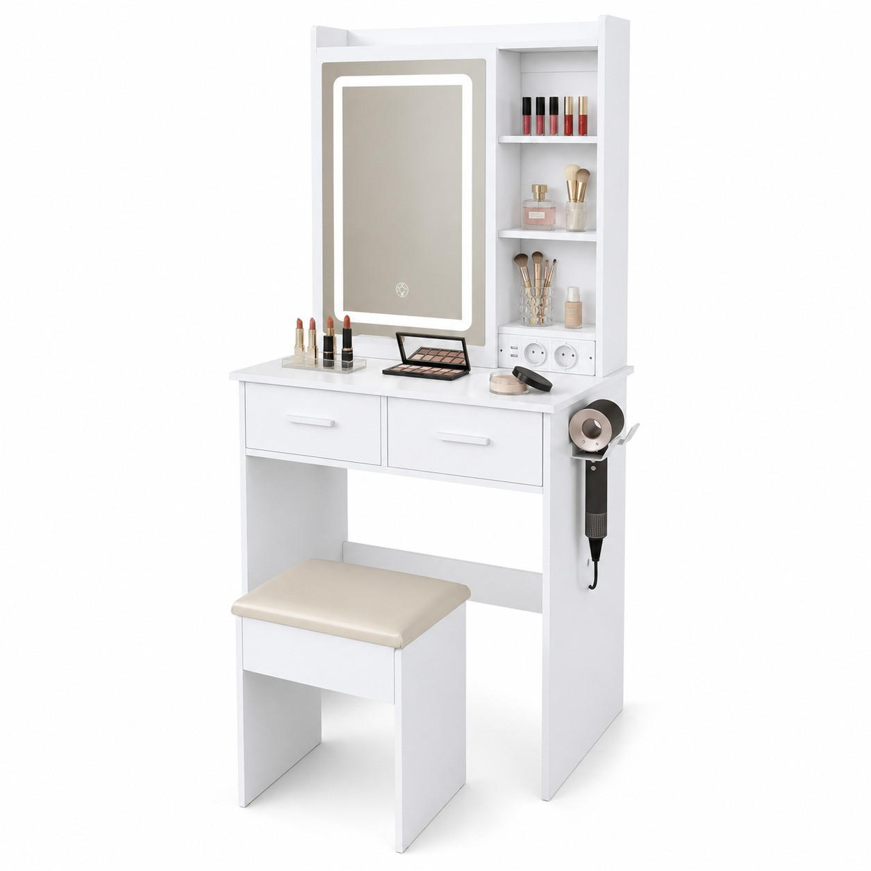 SCHMINKTISCH in Weiß Frisiertisch mit Spiegel LED-Beleuchtung Steckdose Hocker verstecktem Stauraum Schlafzimmer B60/T36/H136cm - Weiß, Glas/Holzwerkstoff (60/136/36cm) - STILVORA