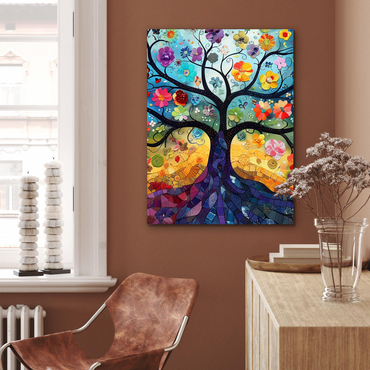 KOVOVÝ OBRAZ Umenie - Strom života - Kvety - Hippie 60x80 cm - tmavomodrá, kov (60/80cm) - MuchoWow