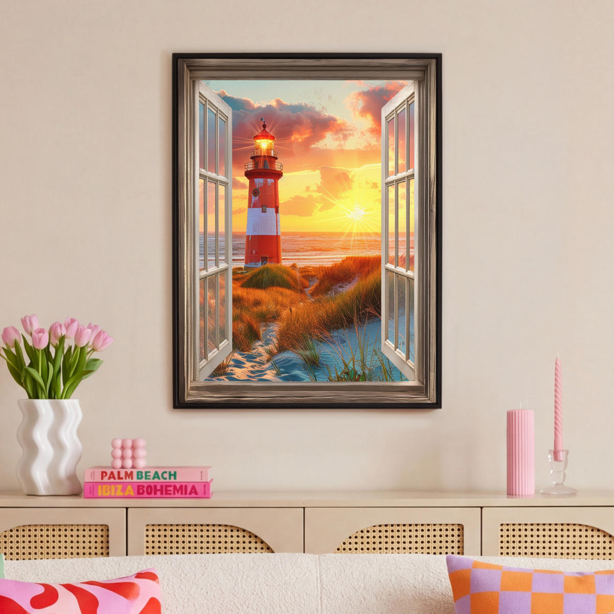LEINWAND Bilder mit Rahmen - Aussicht - Fenster - Leuchtturm - Sonnenuntergang - Strand - 70x100 - Dunkelorange, Textil (70/100cm) - MuchoWow