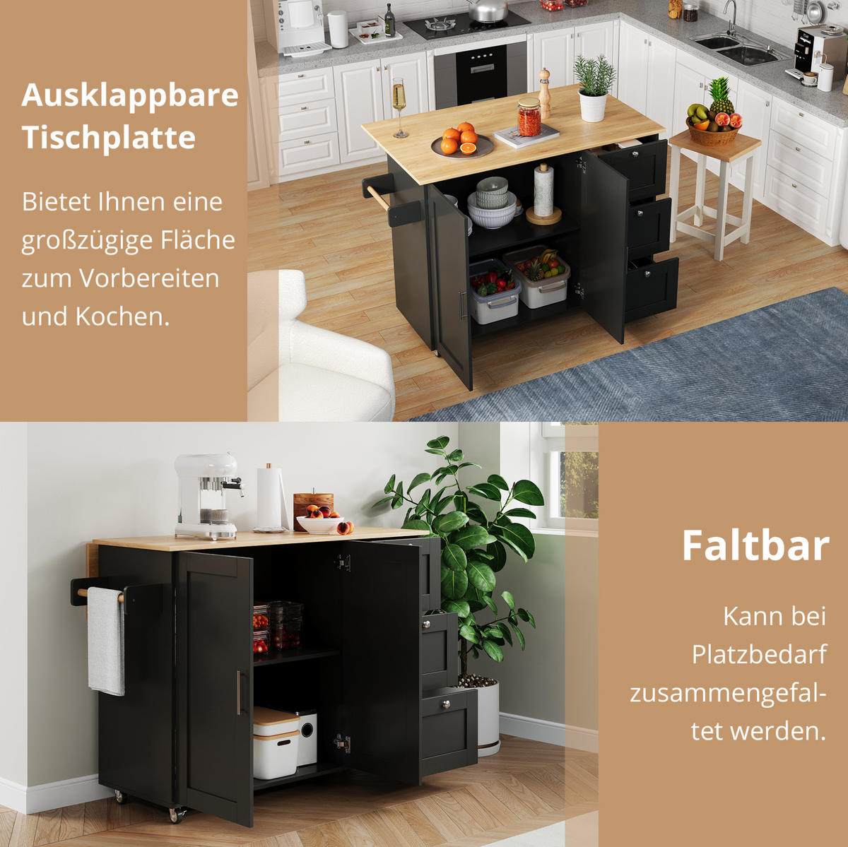 KÜCHENINSEL 135/44-70/90 cm aus MDF mit klappbarer Arbeitsplatte Schwarz/Natur - Schwarz, Holzwerkstoff (135/90/44cm) - Modenvie