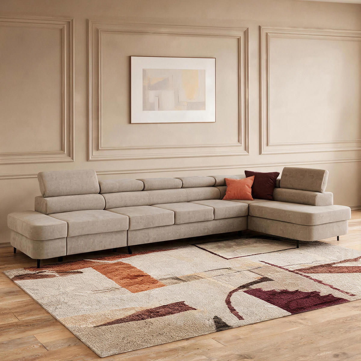 ECKSOFA PRIAM XXL L-Form Rechts mit Schlaffunktion 125x265 Velours Creme - Creme/Schwarz, Holz/Textil (420/203cm) - Muffo